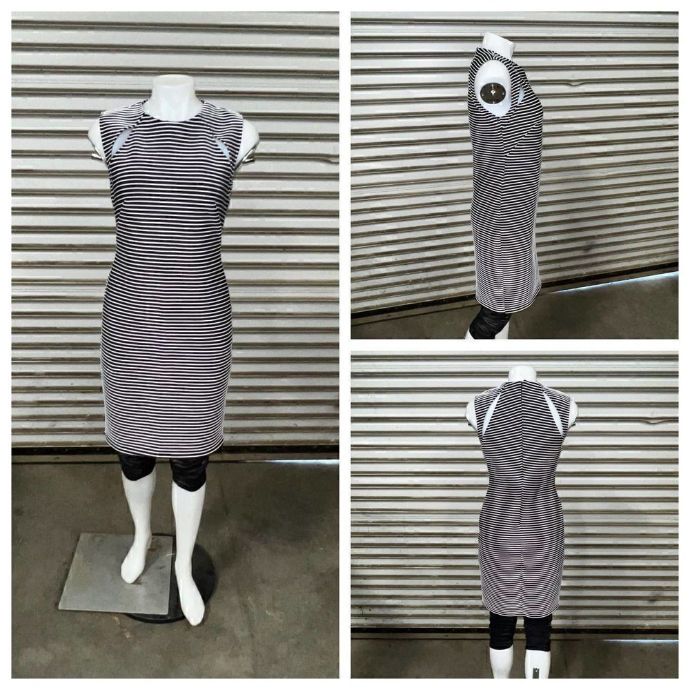 Topshop Black and white stripped dress career sheath evening slit shoulder